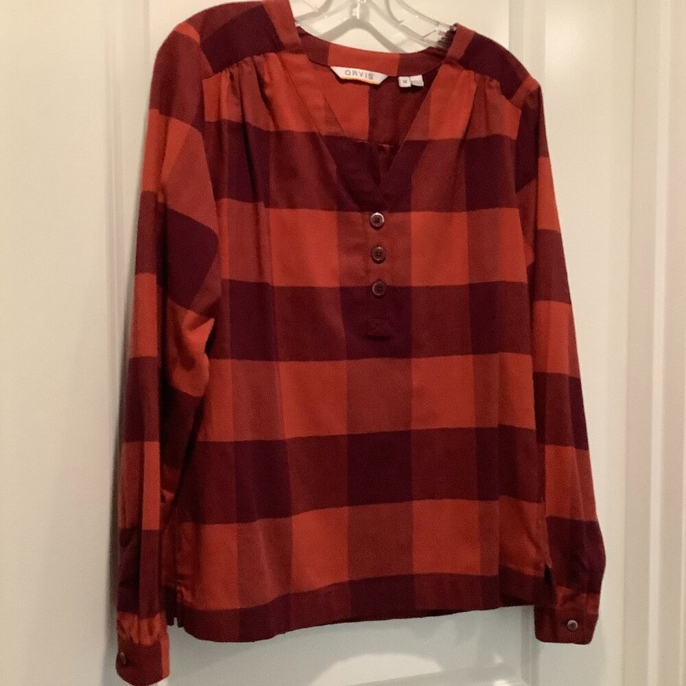Orvis Flannel Pull-over top, orange/rust plaid, size M